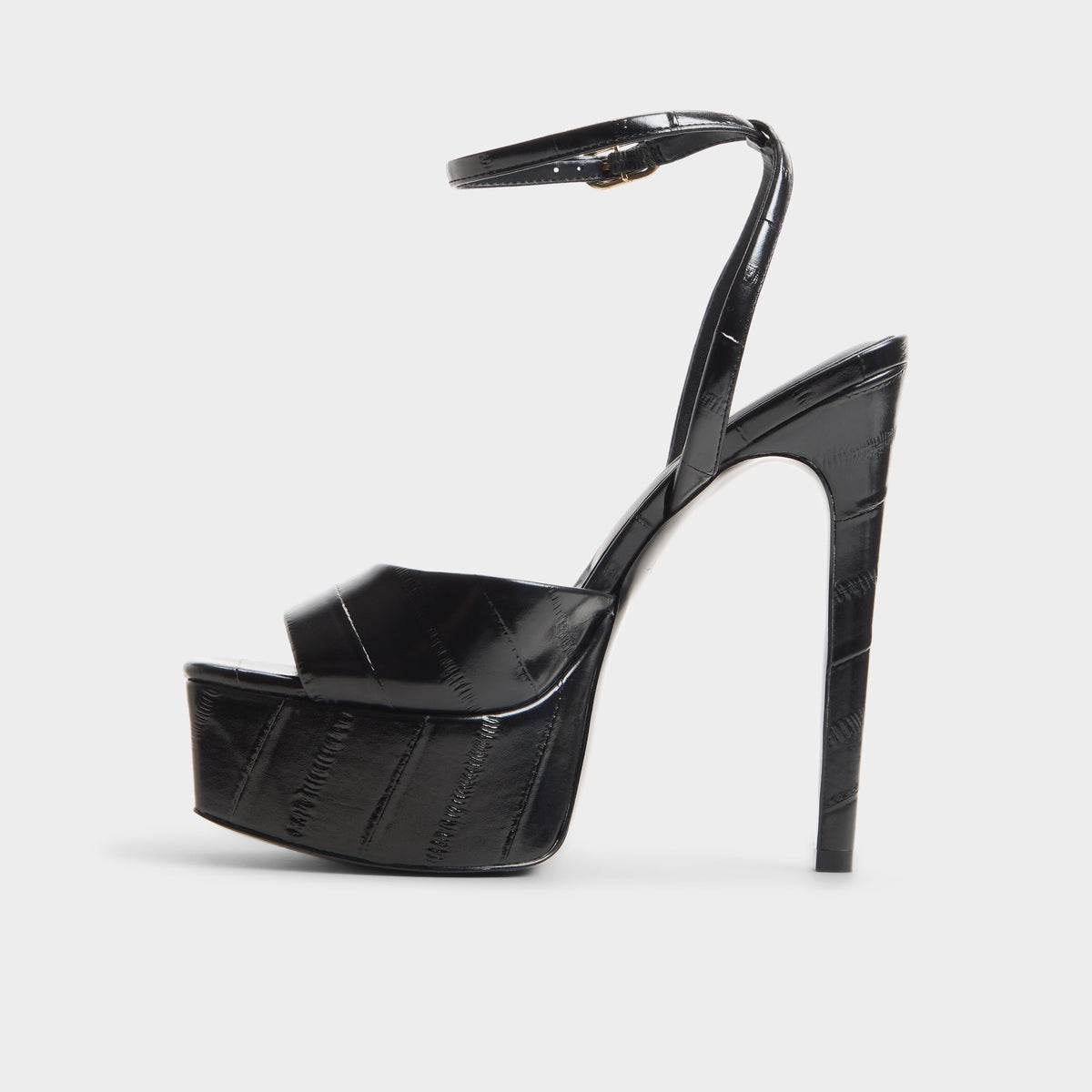 Side view of Black Thalie Strappy heeled sandal