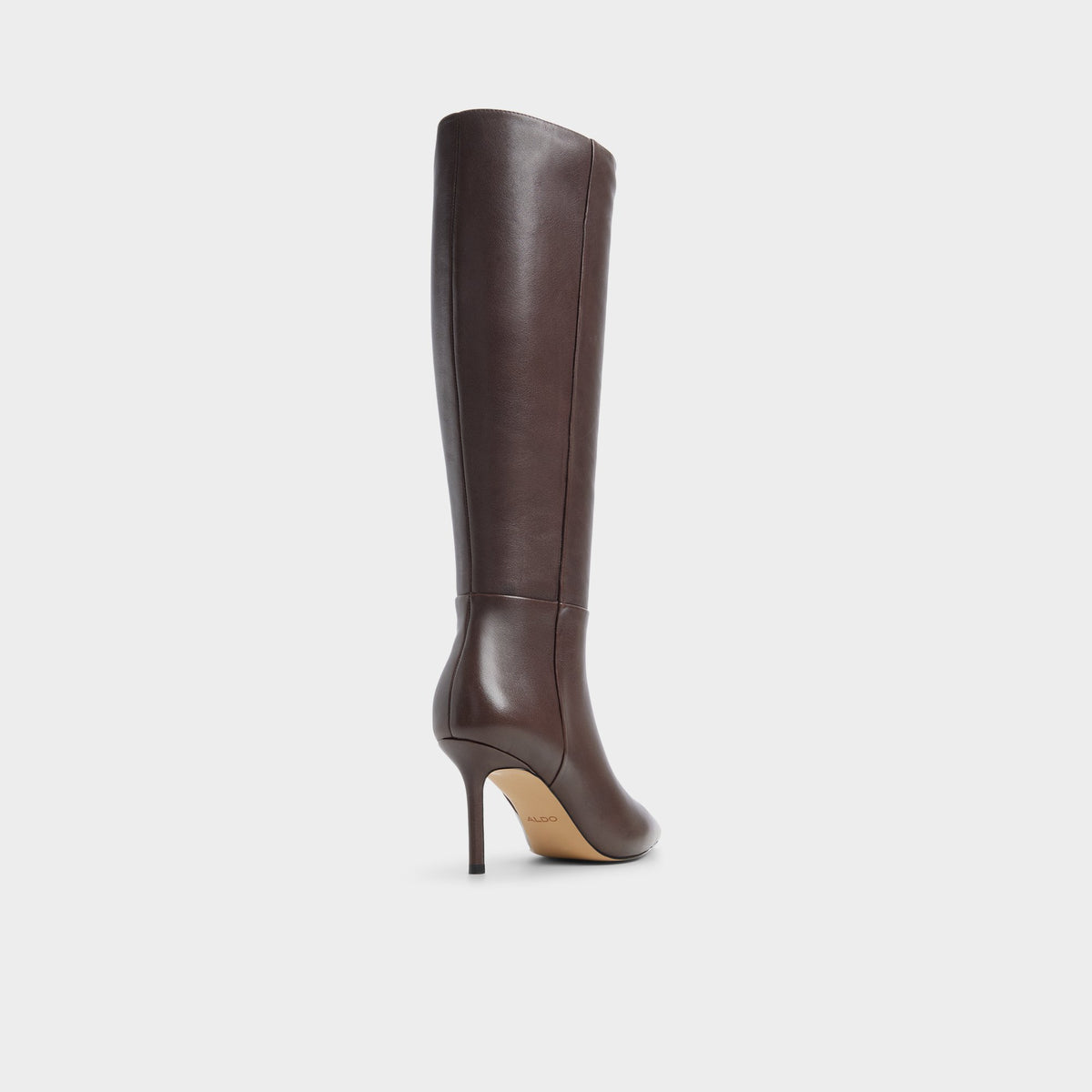 Three-quarter angle of Dark brown Saphiria Stiletto heel knee-high boot's back side