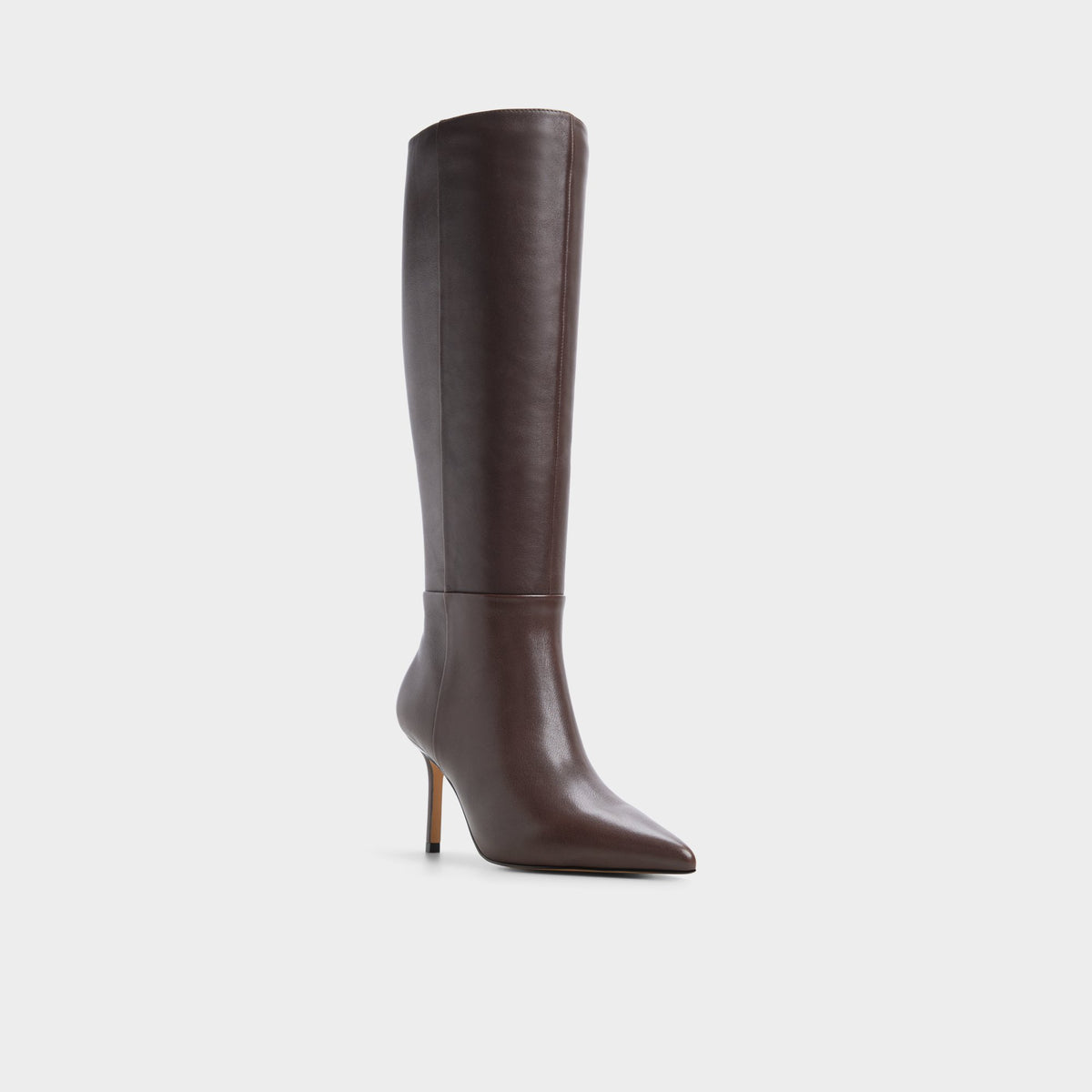 Three-quarter angle of Dark brown Saphiria Stiletto heel knee-high boot's front side