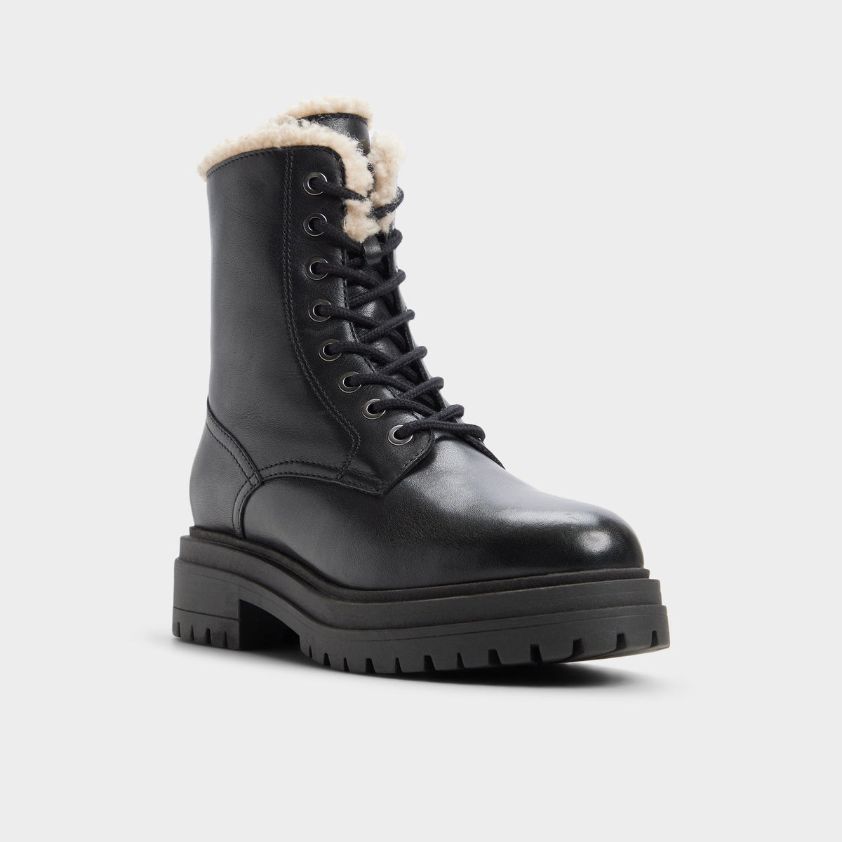 Three-quarter angle of Black Mirabelle Lug sole combat boot's front side
